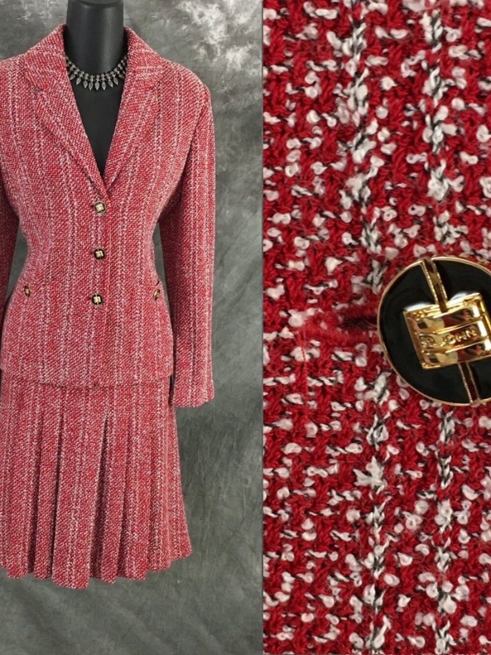 BEAUTIFUL st john collection knit red white jacket skirt suit size 4 6